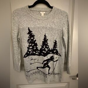 J. Crew Light Gray Knit Sweater with Winter Scene | Size Small